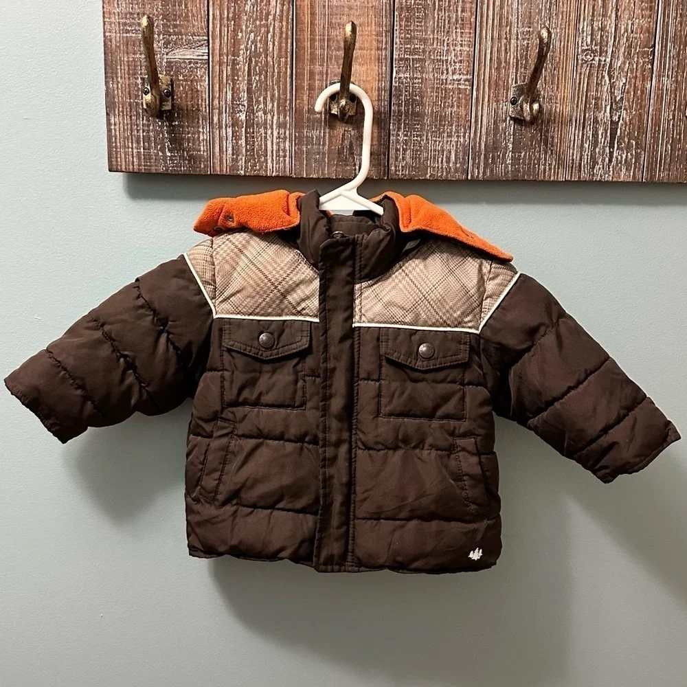 Old Navy brown/orange  puffer jacket 6-12 months fleece hooded